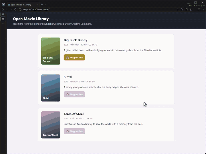 A magnet link from a web page opens in the Torrent Viewer; the film streams into the video player while it downloads
